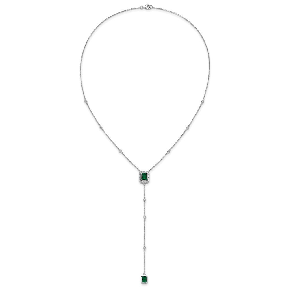 925 Sterling Silver RH-plated Polished Fancy Green Glass and CZ Lariat Necklace - Picture 4 of 5
